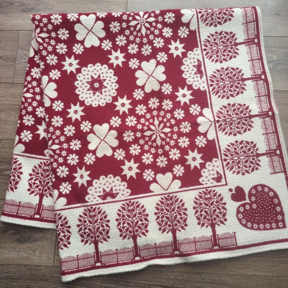 Jules Pansu Paris Folk Art Heart Tree Throw Blanket Red Cream Floral Geometric‎